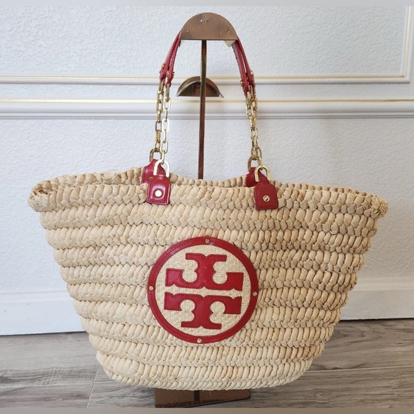 EUC-Tory Burch Audrey Straw Woven Tote with Red Accents - Like New - Picture 13 of 13